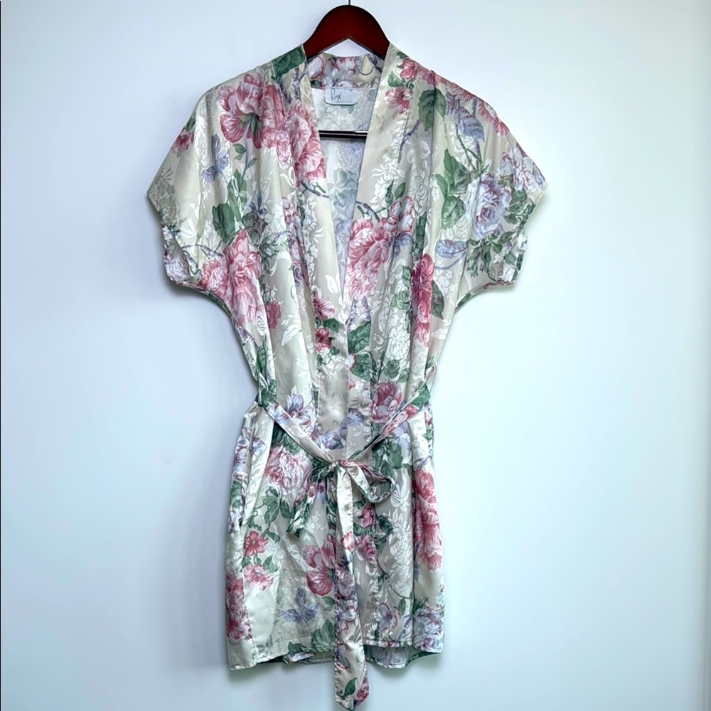 Pinx Satin Floral Kimono Robe - Soft Pink &
Sage - Size M